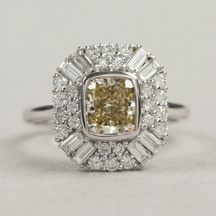 Yellow Cushion Cut Bezel Set Cluster Diamond Ring