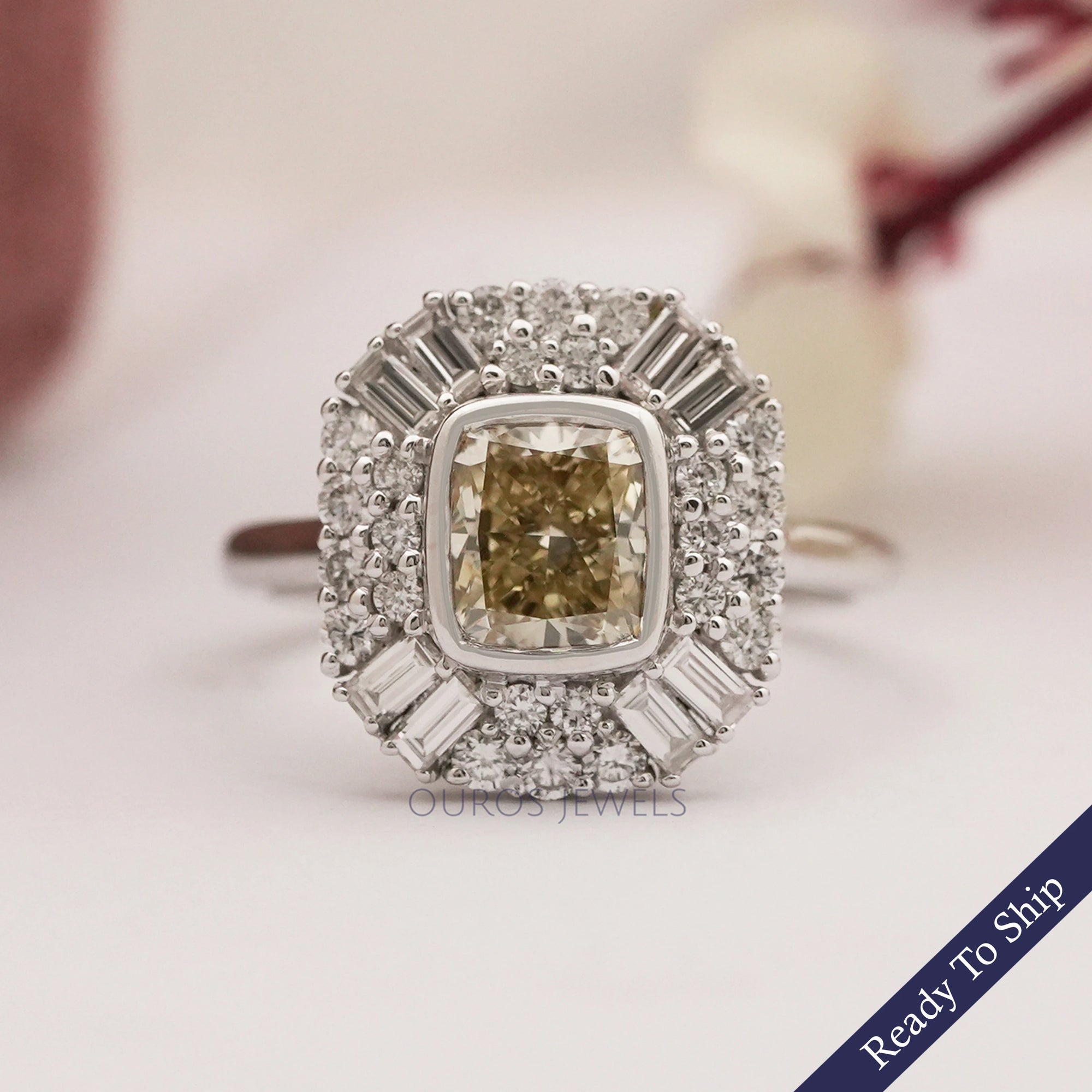 Yellow Cushion Cut Lab Diamond Bezel Set Cluster Ring Ring