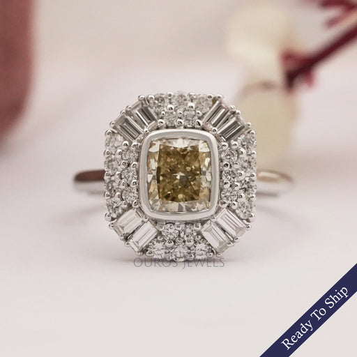 Yellow Cushion Cut Lab Diamond Bezel Set Cluster Ring Ring