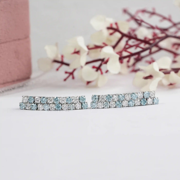 Double Row Blue Round Lab Diamond Earrings Earrings