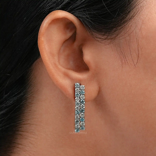 Double Row Blue Round Lab Diamond Earrings Earrings