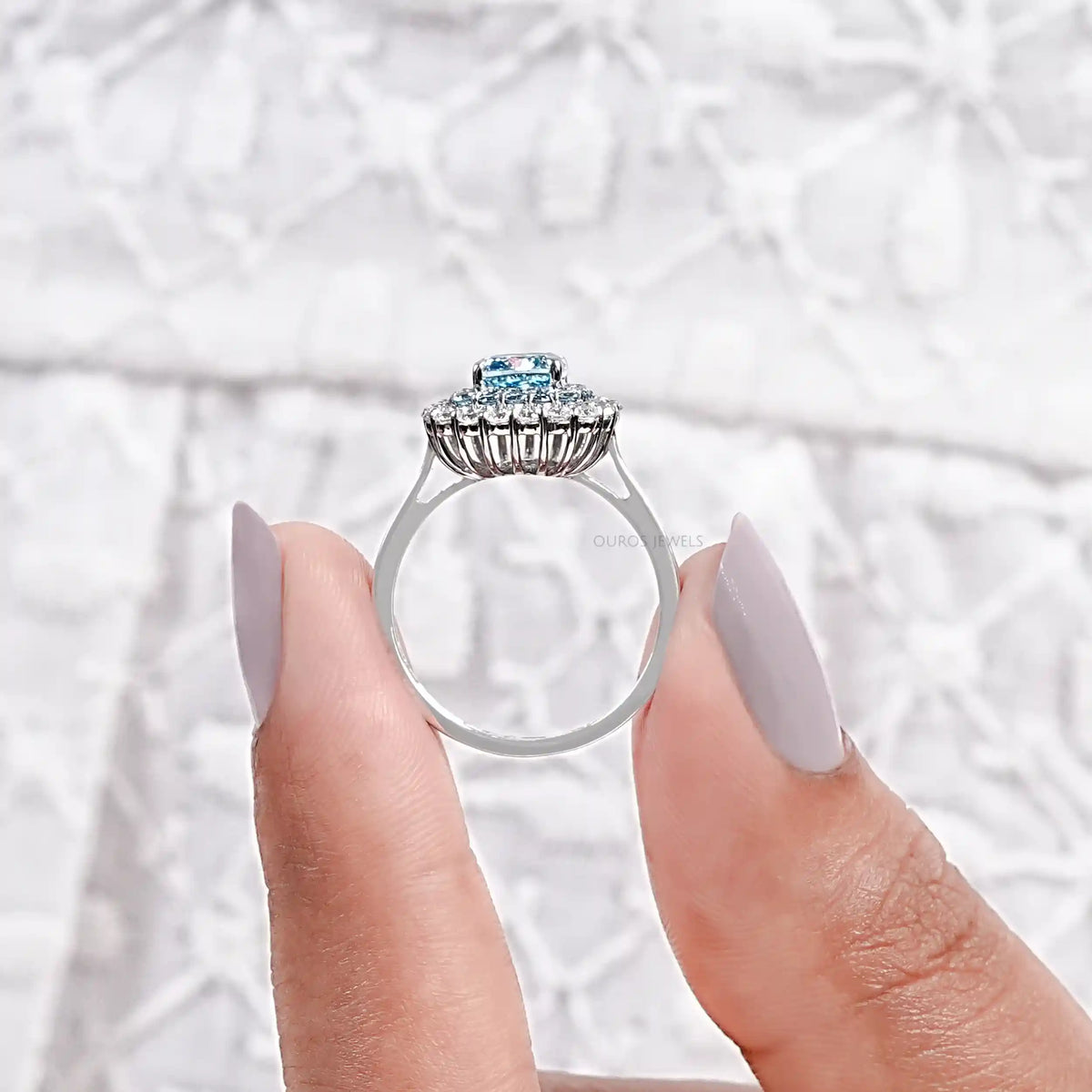 Blue Cushion Cut Lab Diamond Double Halo Ring Ring