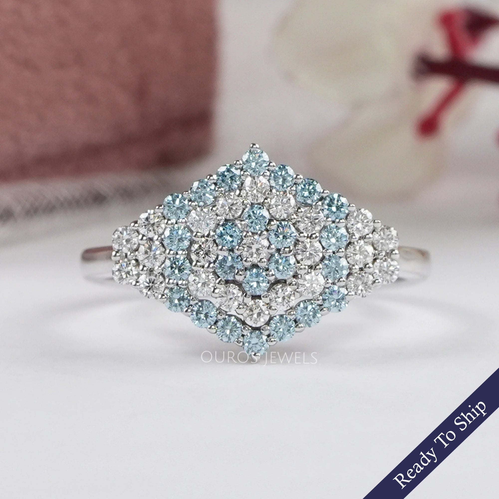 Blue Round Cut Lab Grown Diamond Cluster Set Ring Ring