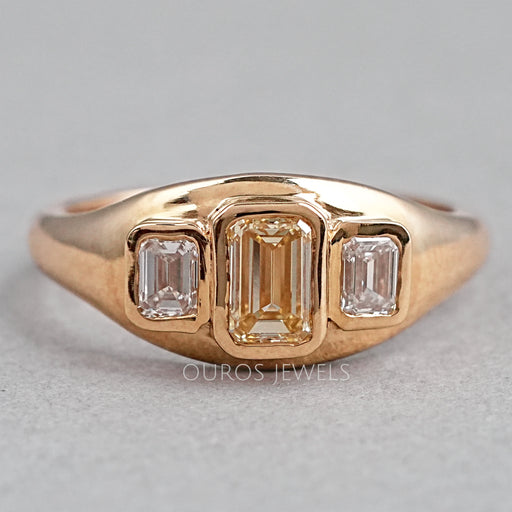 Bezel Set Yellow Emerald Cut 3 Stone Diamond Ring
