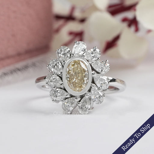 Yellow Oval Cut Bezel Set Lab Diamond Halo Ring Ring