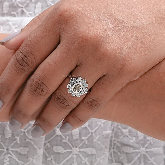 Yellow Oval Cut Bezel Set Lab Diamond Halo Ring Ring