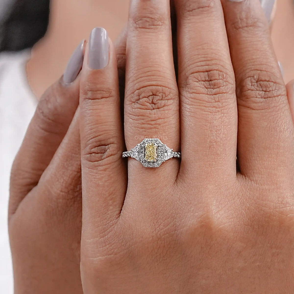 Yellow Radiant Cut Lab Diamond Halo Accent Ring Ring