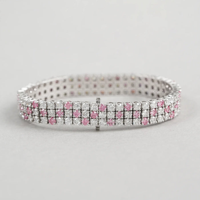 Three Row Pink Round Diamond Tennis Bracelet Bracelet