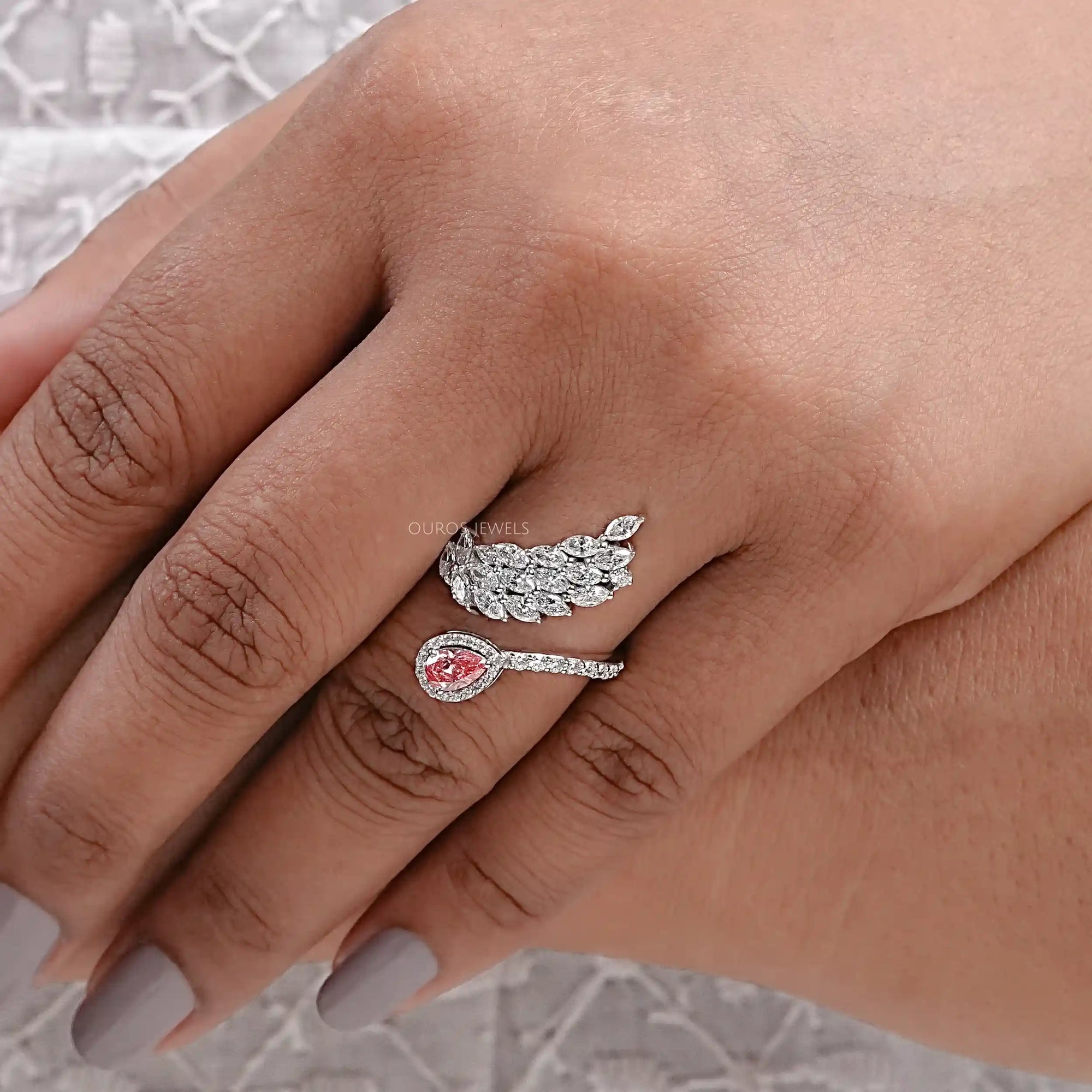 Pink Pear And Marquise Cut Diamond Leaves Style Bypass Ring Ring