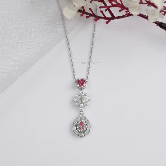 Pink Pear Diamond Double Halo Drop Pendant Necklaces