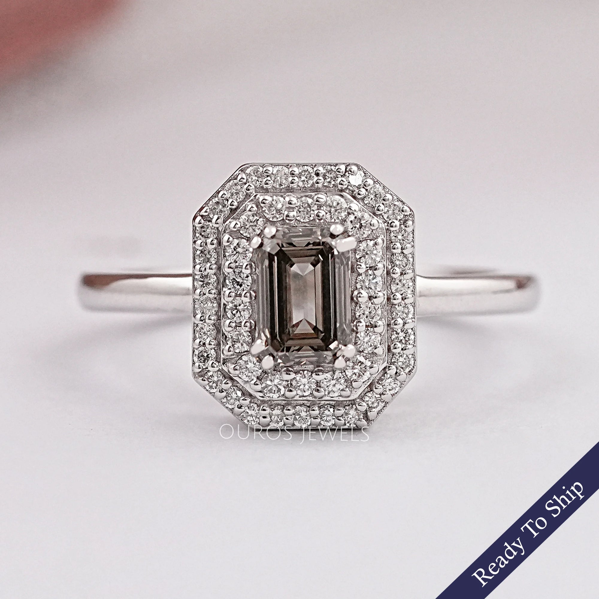 Olive Emerald Cut Lab Diamond Double Halo Engagement Ring Ring