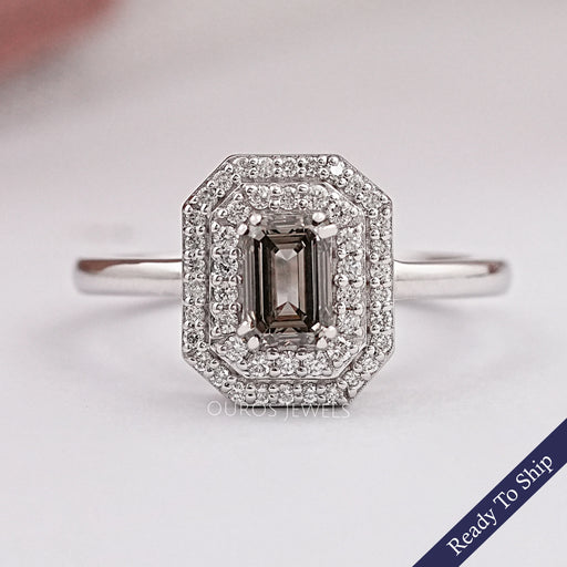 Olive Emerald Cut Lab Diamond Double Halo Engagement Ring Ring