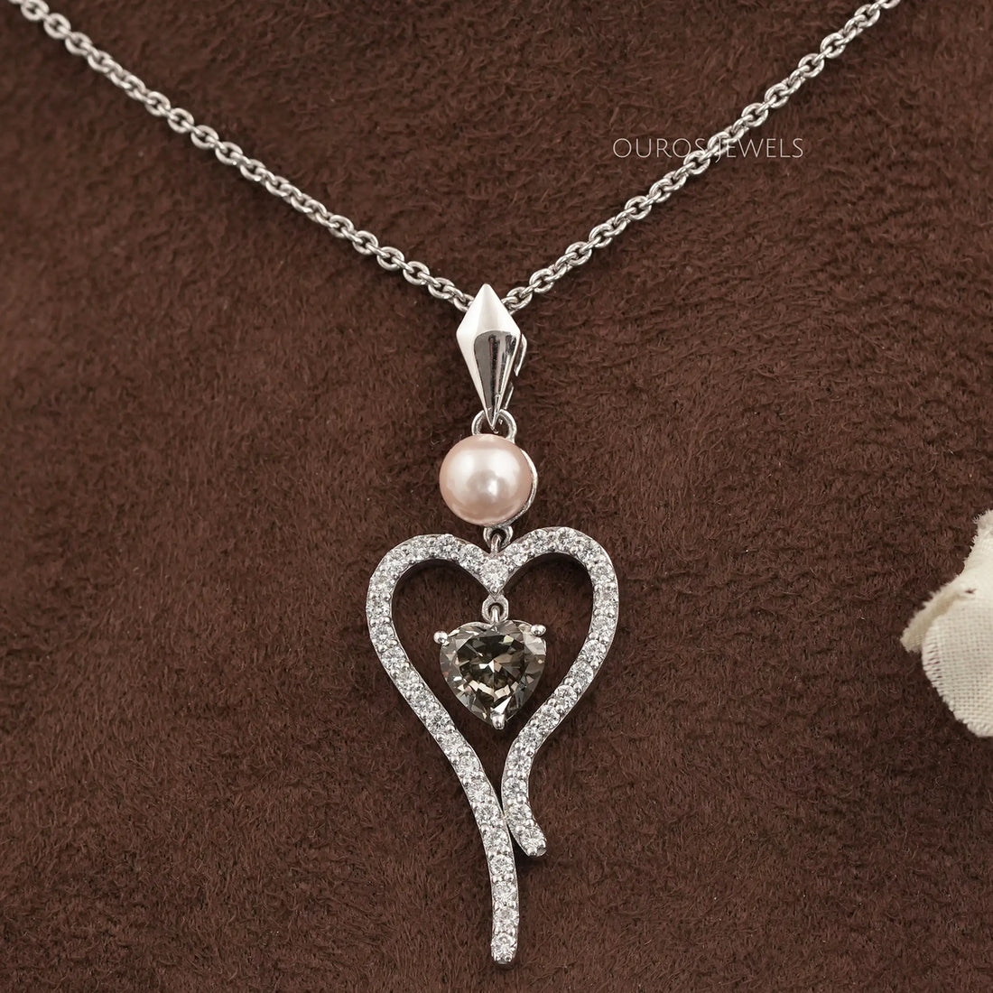 Pearl And Olive Heart Diamond Pendant Necklaces