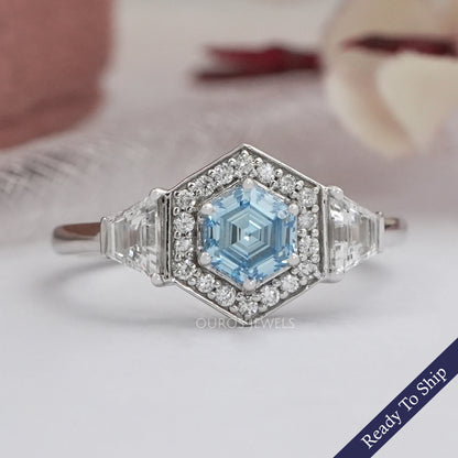 Blue Hexagon Cut Lab Diamond Three Stone Halo Ring Ring