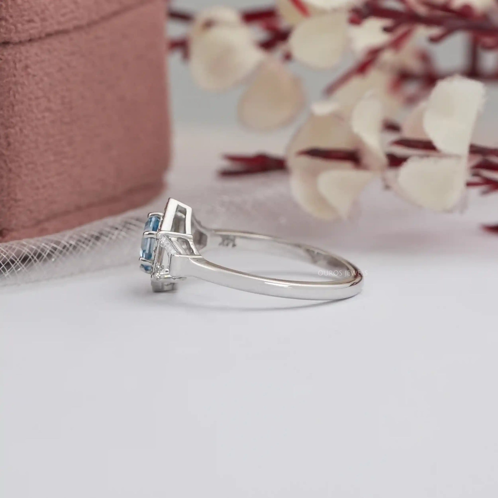 Blue Hexagon Cut Lab Diamond Three Stone Halo Ring Ring