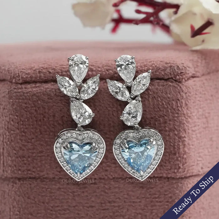 Blue Heart Lab Diamond Halo Drop Earrings Earrings