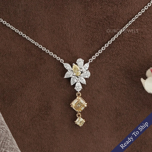 Yellow Asscher And Pear Diamond Cluster Pendant Necklaces