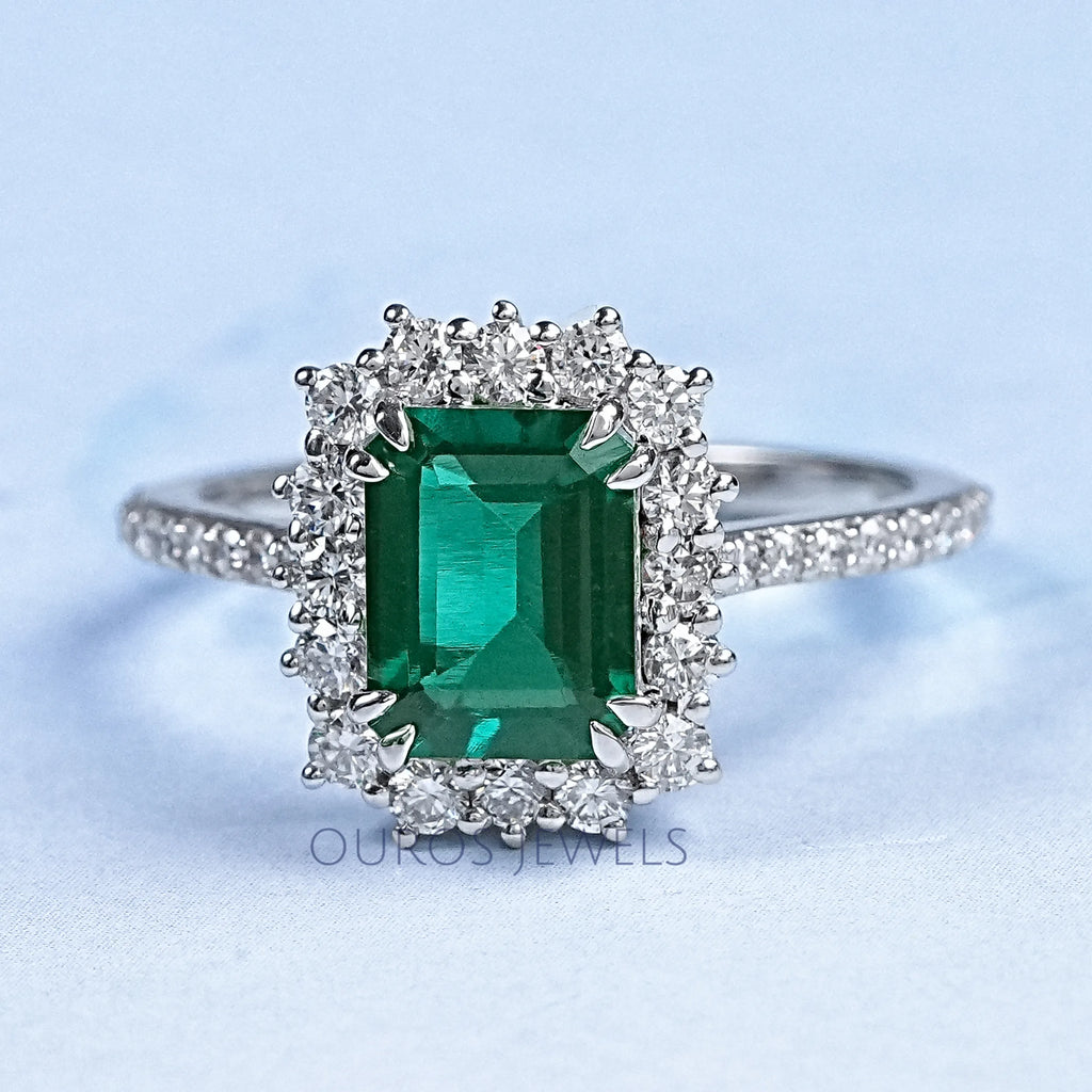 Halo With Accent Diamond Green Emerald Gemstone Ring Rings