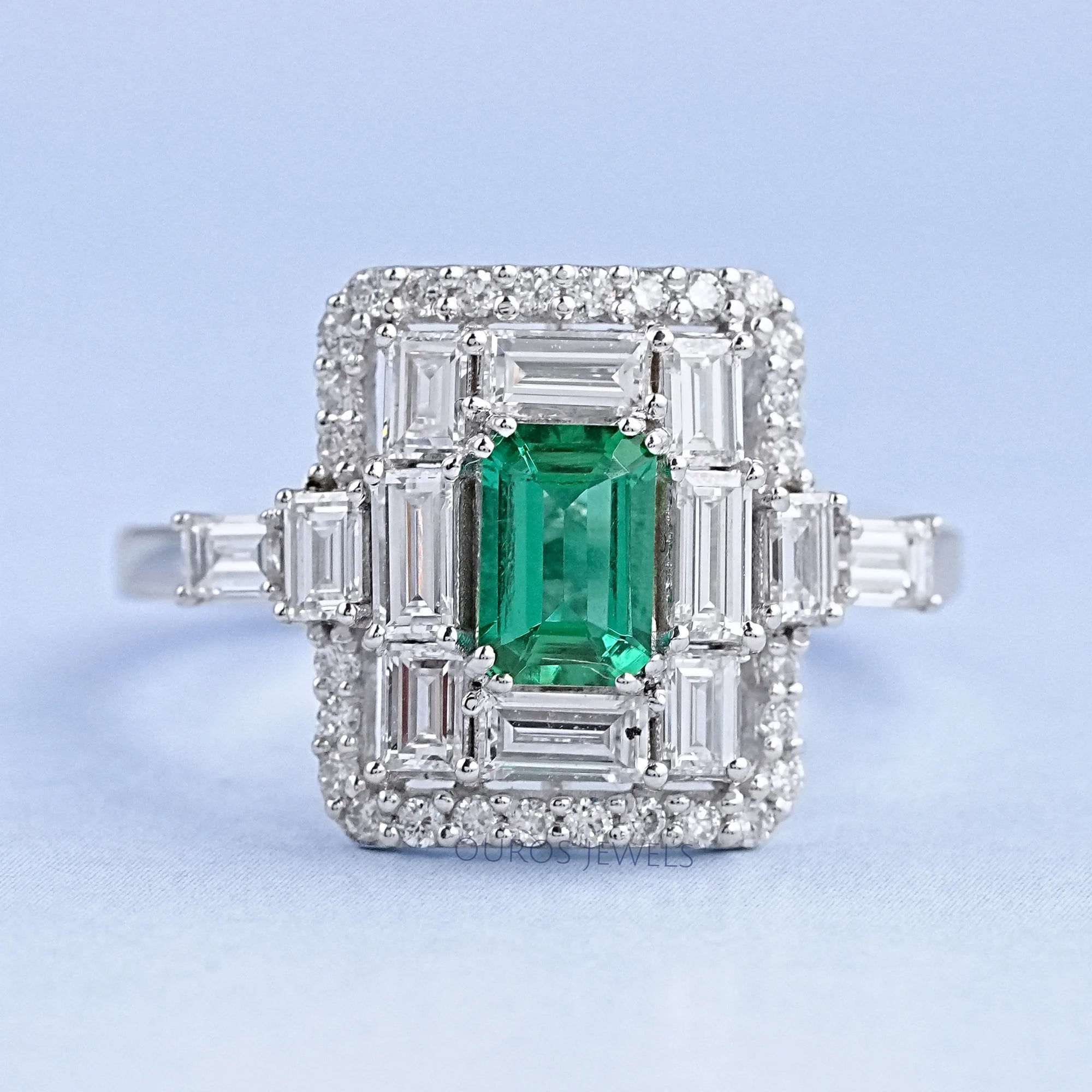 Baguette And Round Halo Diamond Gemstone Ring Ring