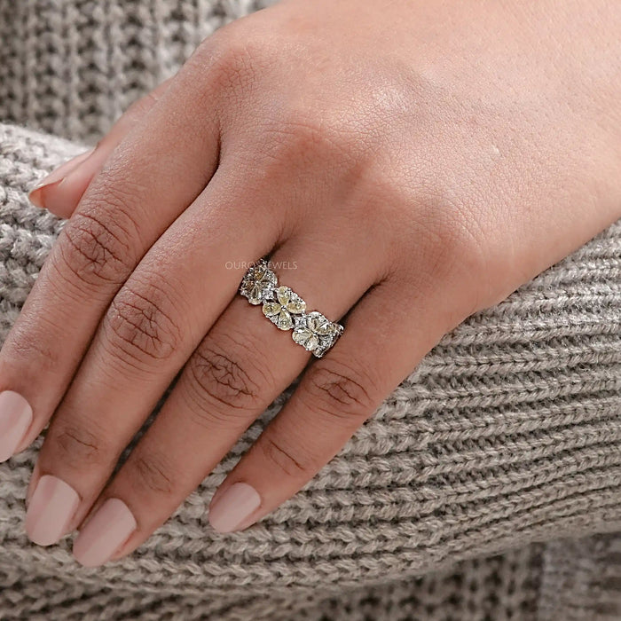 Yellow Pear Shape Floral Style Half Eternity Diamond Band Ring