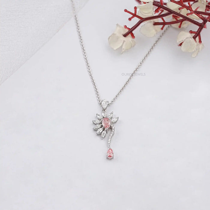 Pink Pear Lab Diamond Flower Shape Pendant Necklaces