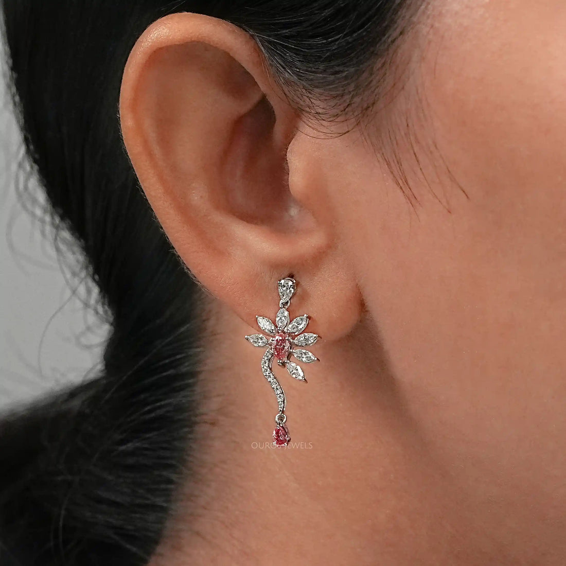 Pink Pear And Marquise Diamond Flower Drop Earrings Earrings