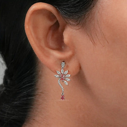 Pink Pear And Marquise Diamond Flower Drop Earrings Earrings