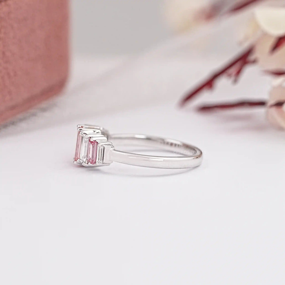 Fancy Pink Baguette Cut Lab Diamond Seven Stone Ring Ring