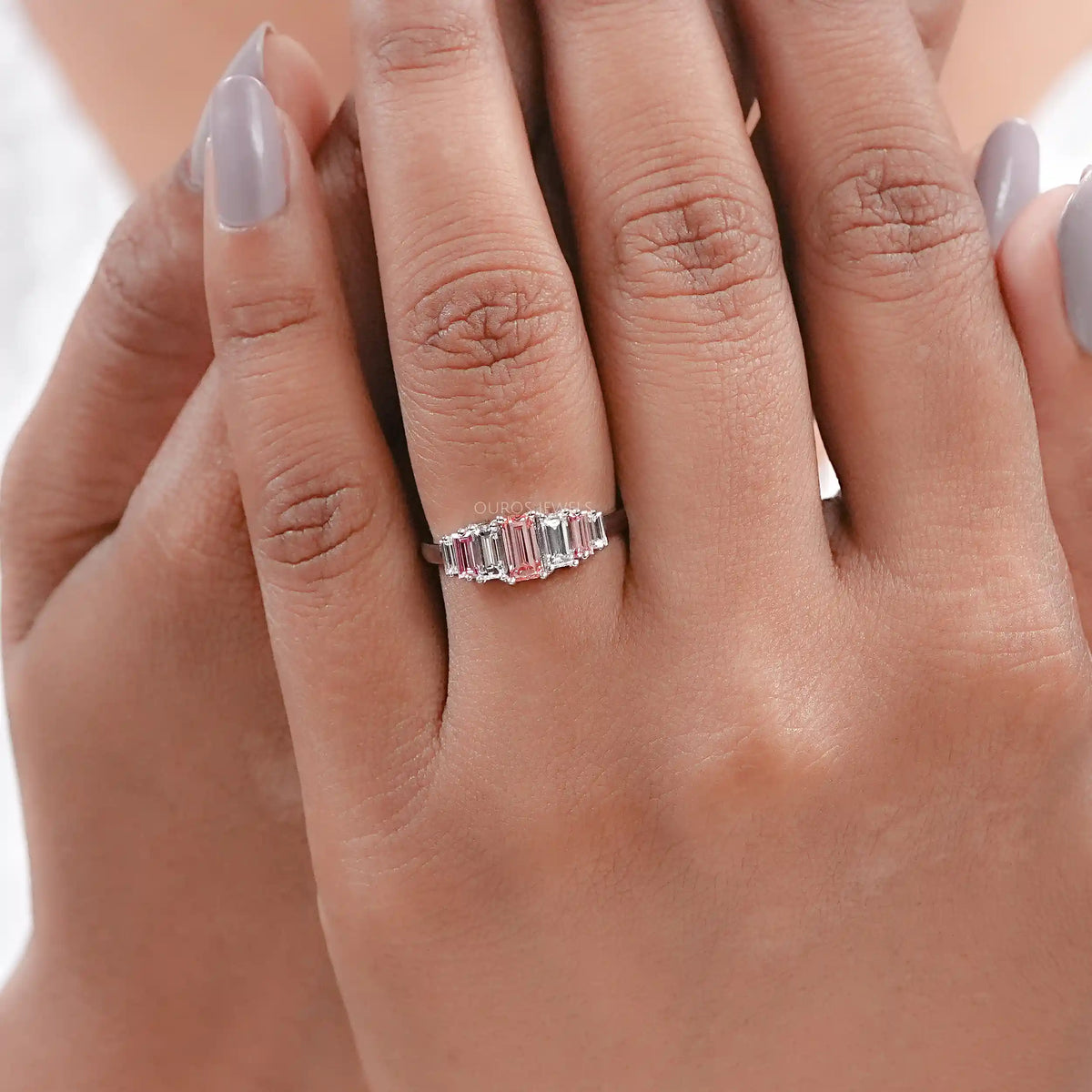 Fancy Pink Baguette Cut Lab Diamond Seven Stone Ring Ring