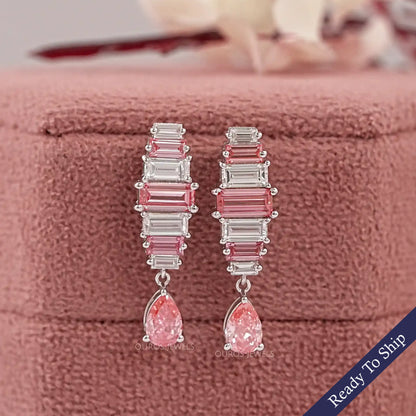 Alternative Pink Baguette Diamond Drop Earrings Earrings