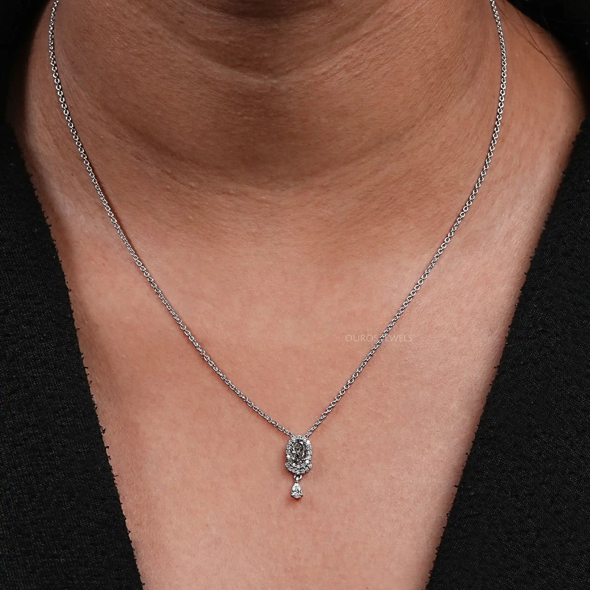 Olive Oval Lab Diamond Halo Pendant Necklaces