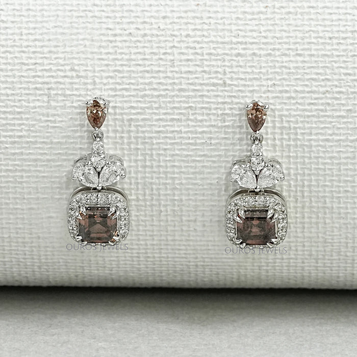 Champagne Asscher Cut Halo Dangle Earrings Earrings