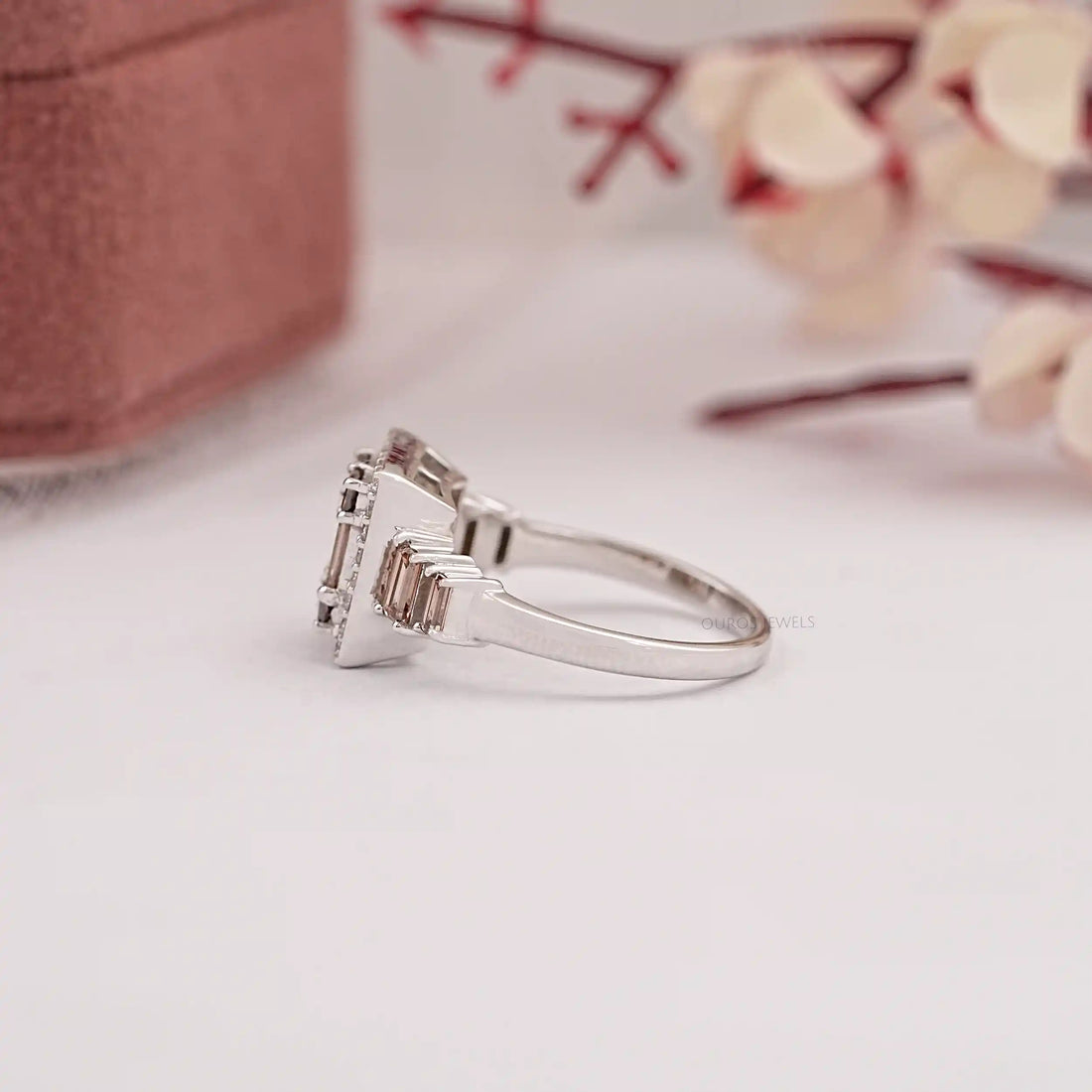 Fancy Brown Baguette Cut Lab Diamond Cluster Set Halo Ring Ring