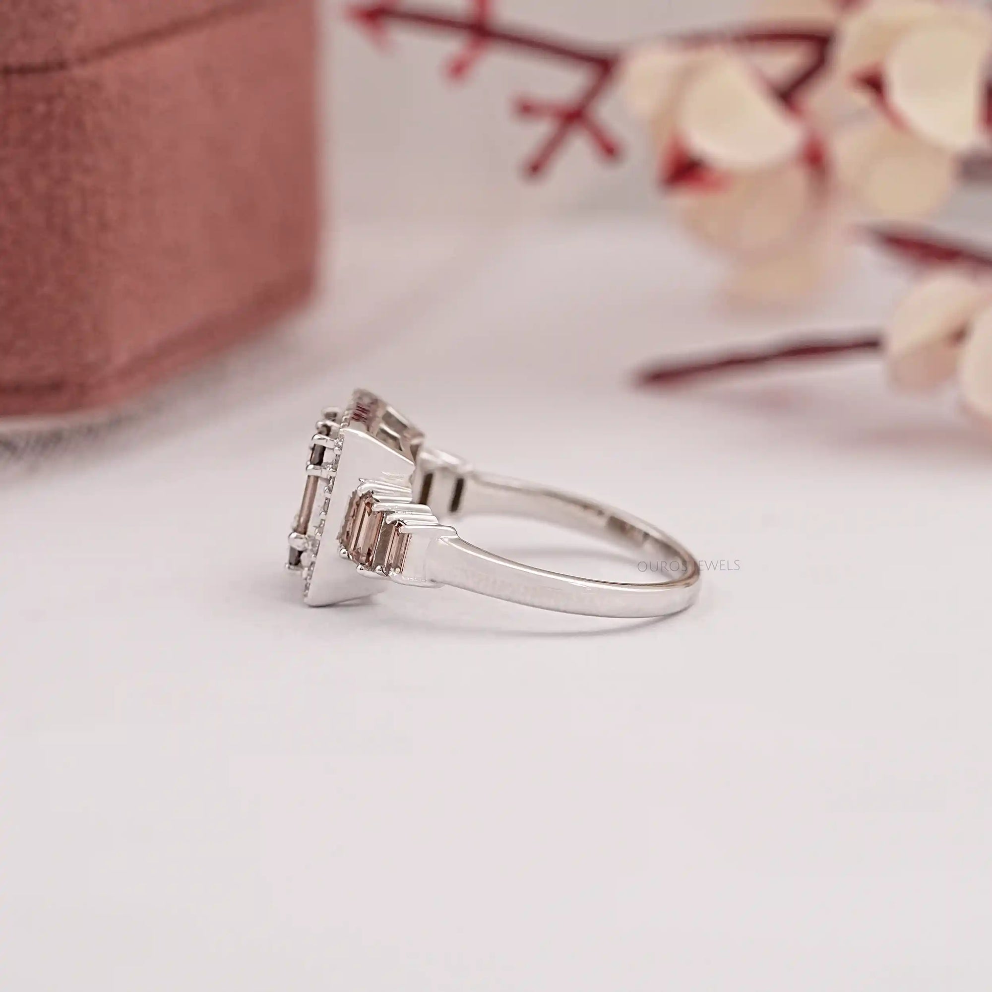 Fancy Brown Baguette Cut Lab Diamond Cluster Set Halo Ring Ring