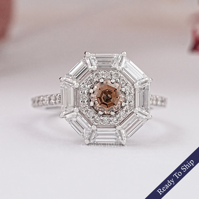 Fancy Brown Octagon Cut Lab Diamond Double Halo Ring Ring