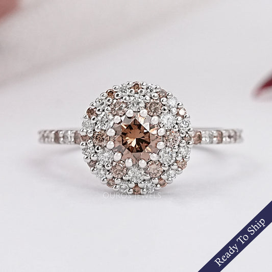 Fancy Round Brown Diamond Double Halo Accent Set Ring Ring