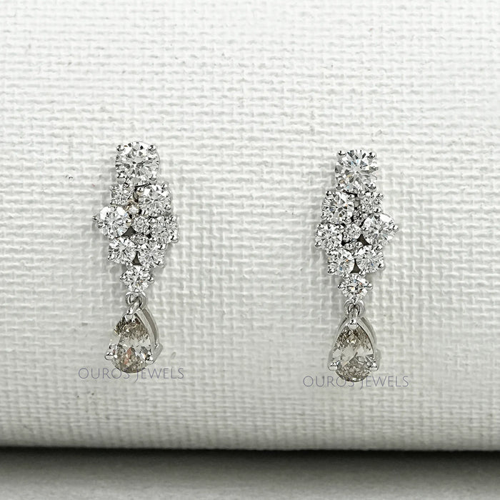 Diamond Cluster & Olive Pear Drop Dangle Earrings