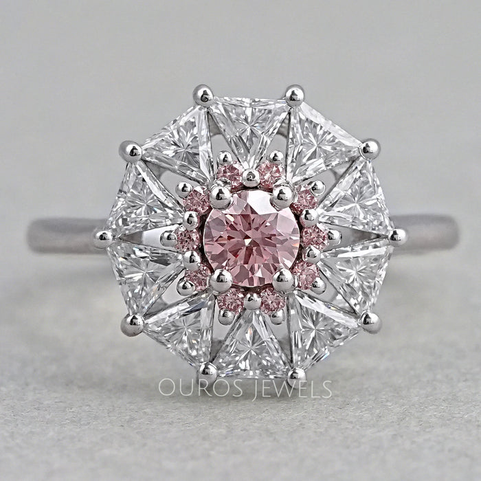 Pink Round Cut Halo Triangle Engagement Ring Rings