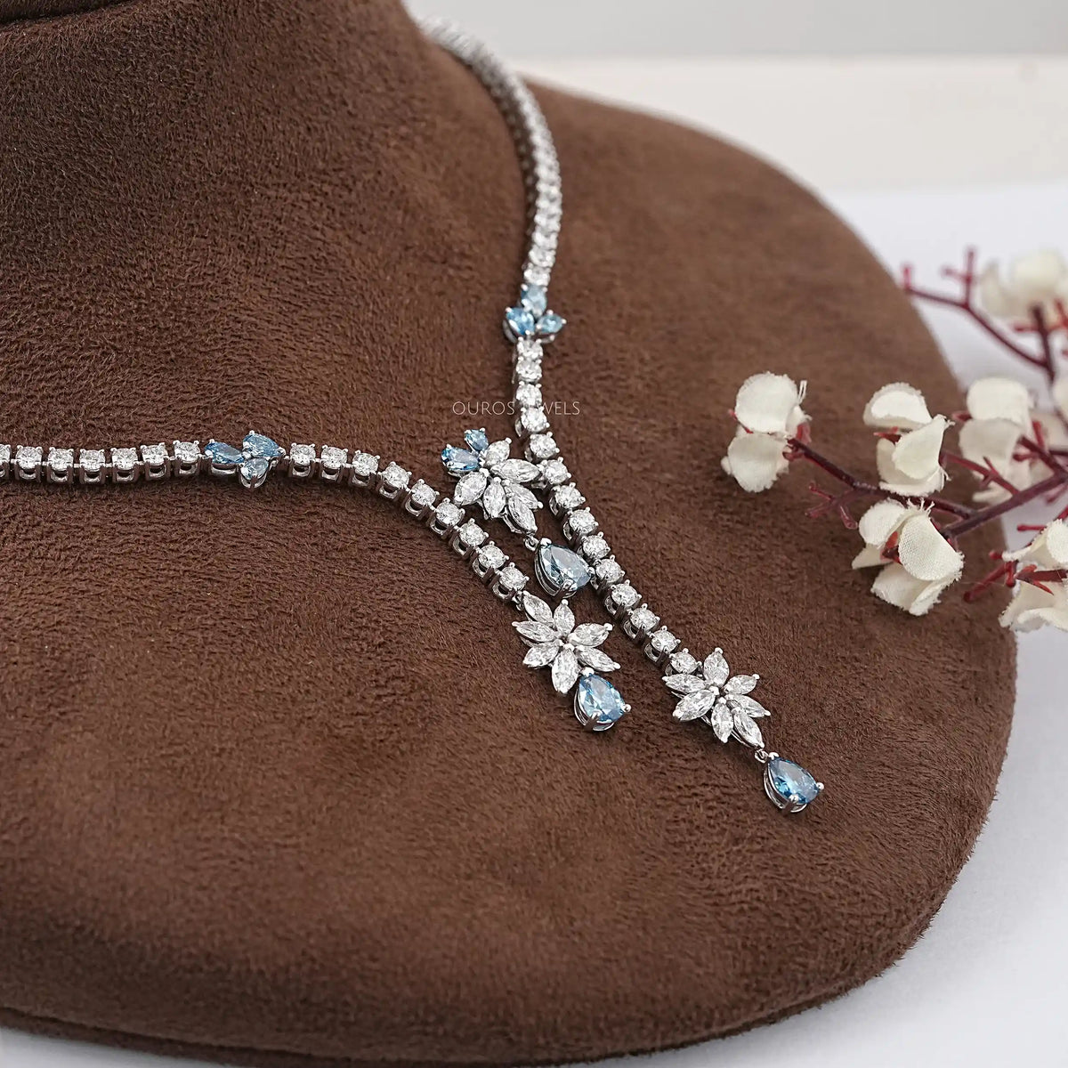 Lab Diamond And Blue Pear Diamond Cluster Necklace Necklaces