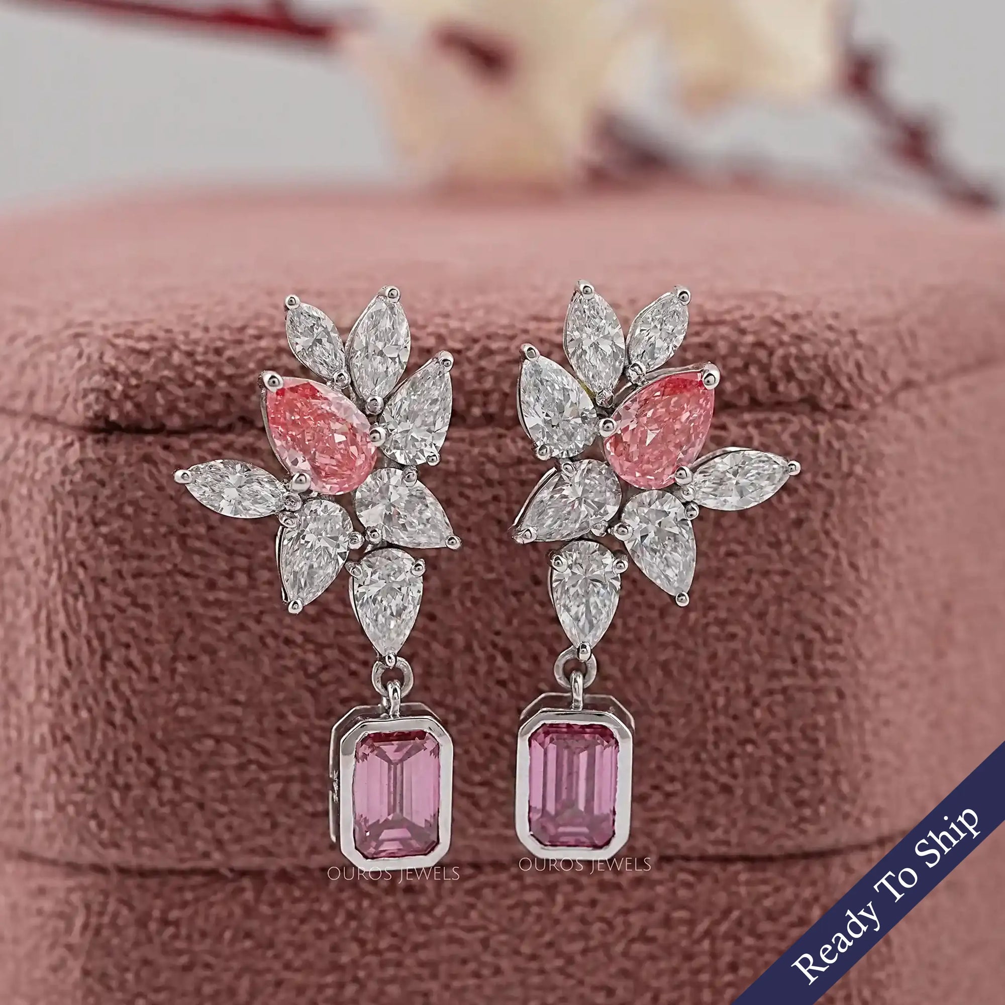 Pink Emerald And Pear Diamond Cluster Drop Earrings Earrings