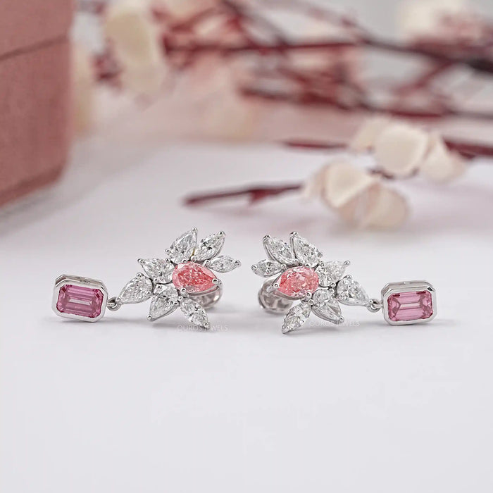 Pink Emerald And Pear Diamond Cluster Drop Earrings Earrings