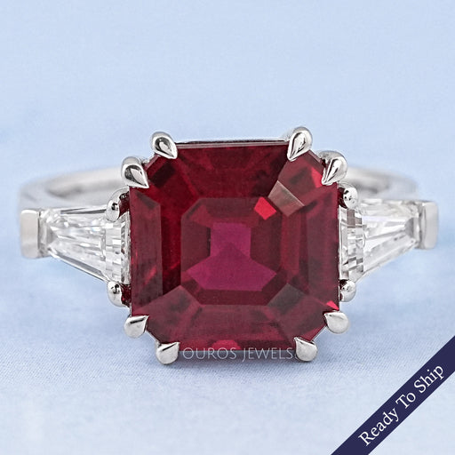 Three Stone Ruby Asscher Gemstone Engagement Ring