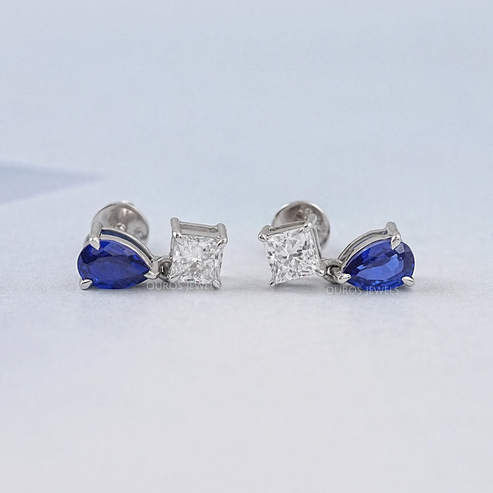 Pear Sapphire And Princess Diamond Two Stone Earrings