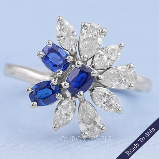 Sapphire Oval Gemstone Cluster Engagement Ring