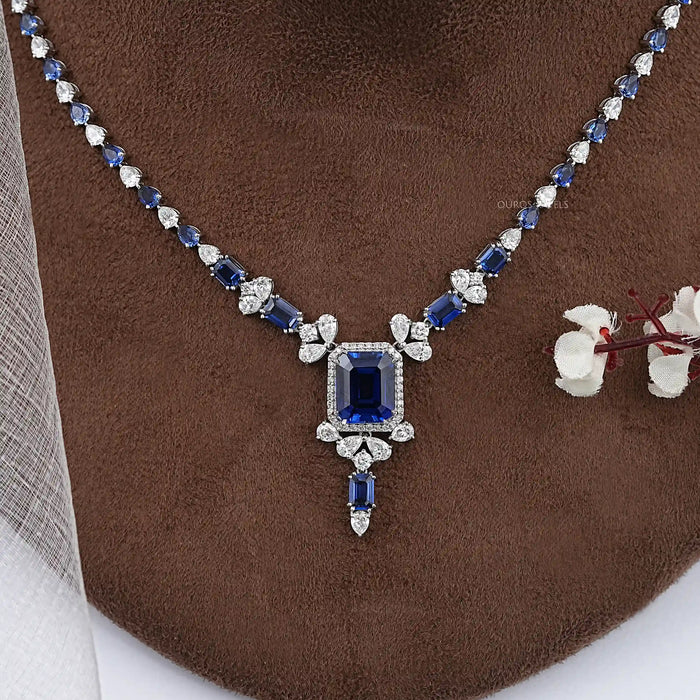 Sapphire Emerald Cut And Diamond Necklace Necklaces