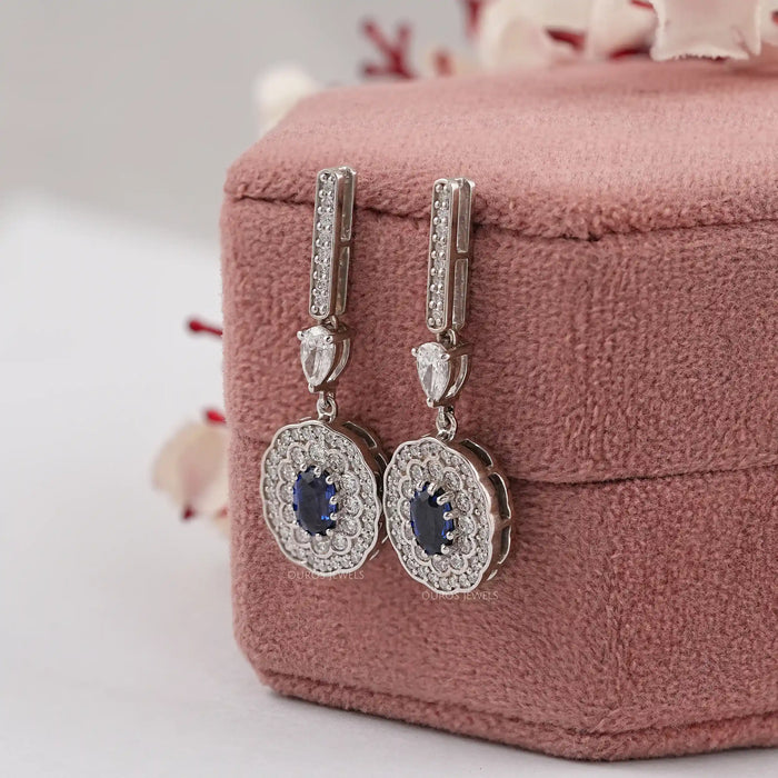 Sapphire Oval Gemstone And Double Halo Drop Earrings Earrings
