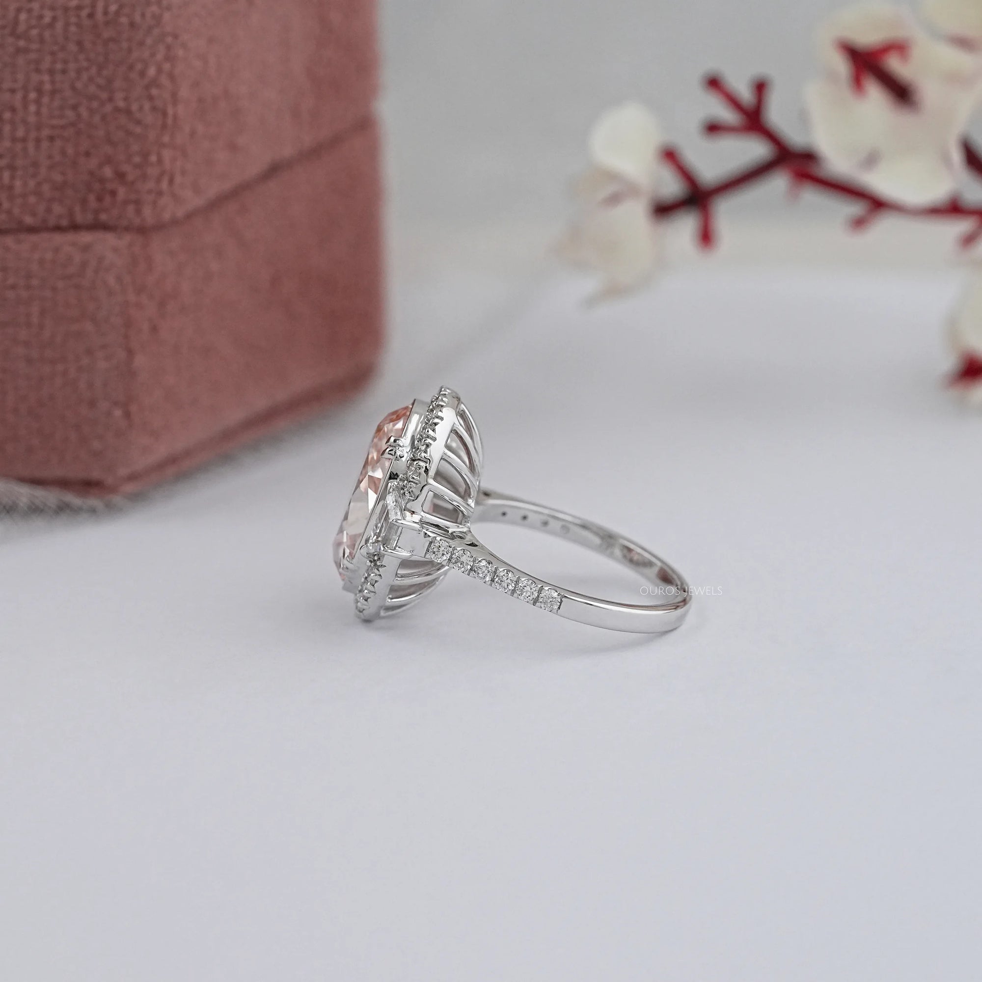 Pink Oval Cut With Trapezoid Accent Halo Engagement Ring Rings