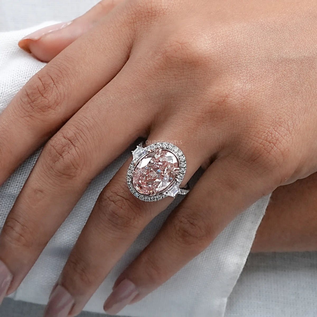 Pink Oval Cut With Trapezoid Accent Halo Engagement Ring Rings