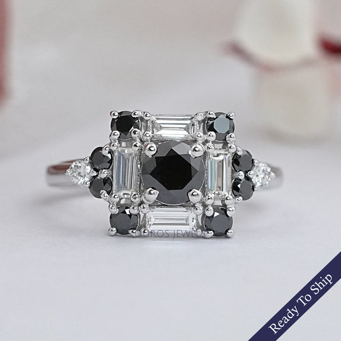 Black Round Diamond Halo Engagement Ring Rings