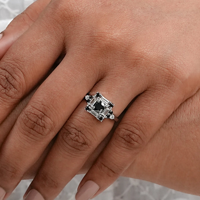 Black Round Diamond Halo Engagement Ring Rings